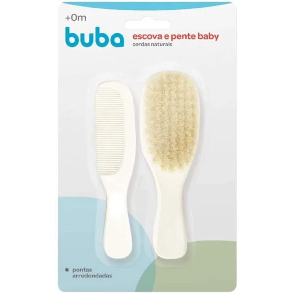 Kit Escova e Pente Branco Cerdas Naturais Buba
