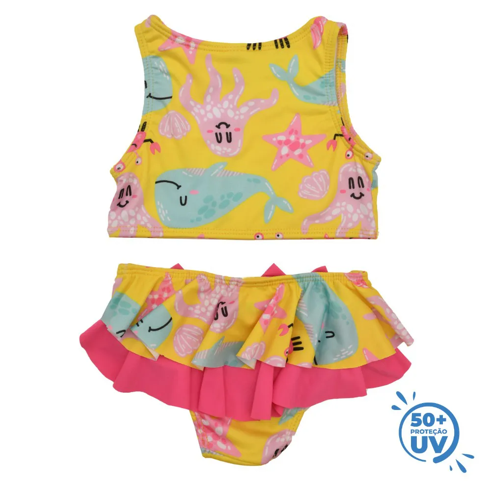 Kit Biquíni 02 Peças Fundo do Mar Bebê + Proteção UV 50+ Amarelo Everly - Image 3