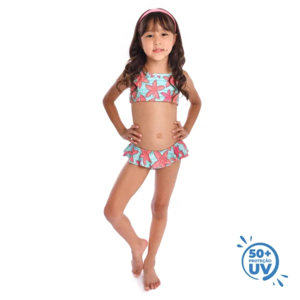 Biquíni Infantil Estrelas do Mar c/ Proteção UV 50+ Rosa/Verde Everly